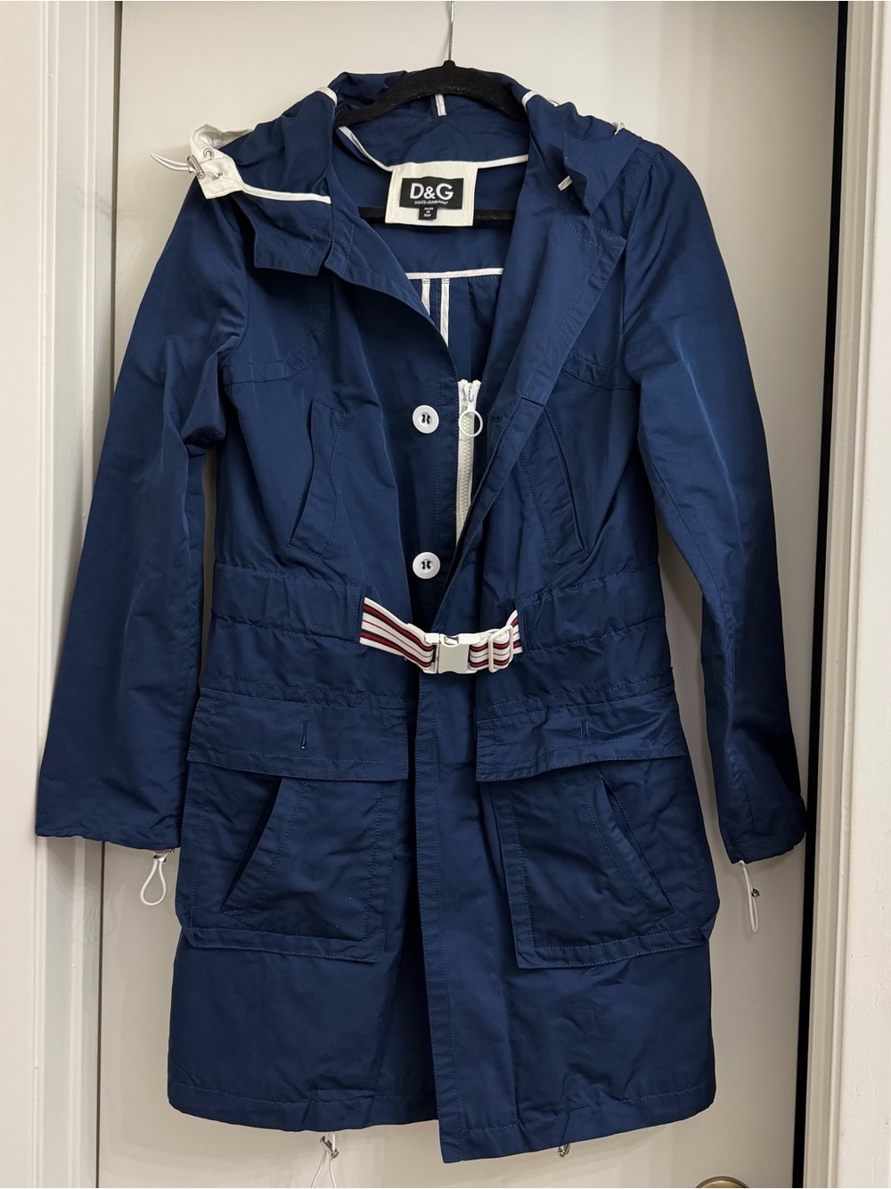 Vintage D&G Dolce & Gabbana Navy Blue Hooded Trench Coat Parka Jacket IT 44 US M